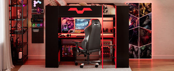English Elm Full Size Gaming Loft Bed with Rgb Lighting Built-in Desk and Usb Charging Ports LT000275AAJ