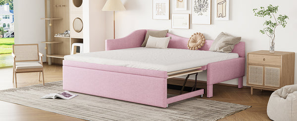 English Elm Twin Upholstered L-Shaped Daybed with Pop-Up Trundle, Space-Saving Guest Bed with Slats Kit and 400lb Capacity Pink SF000193AAH