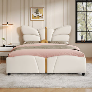 English Elm Christopher Knight Home® - Full Upholstered PU Leather Bed Frame with Butterfly Headboard, Gold Accents, Solid Wood Platform Beige 78.25 L x 10 W x 3.25 H N761S0000018W