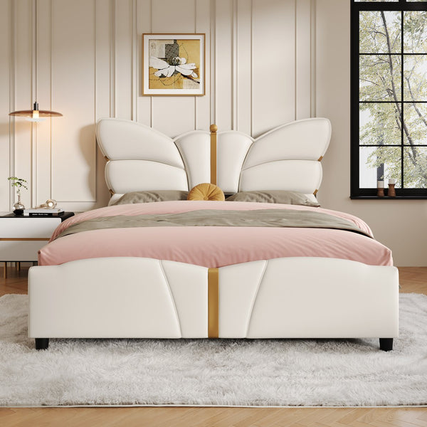 English Elm Christopher Knight Home® - Full Upholstered PU Leather Bed Frame with Butterfly Headboard, Gold Accents, Solid Wood Platform Beige 78.25 L x 10 W x 3.25 H N761S0000018W