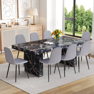 English Elm Table and Chair Set Seats Eight with Marble Pattern Mdf Top Brown Fabric Dining W1151S04134