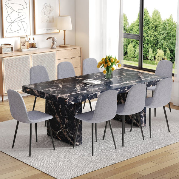 English Elm Table and Chair Set Seats Eight with Marble Pattern Mdf Top Brown Fabric Dining W1151S04134