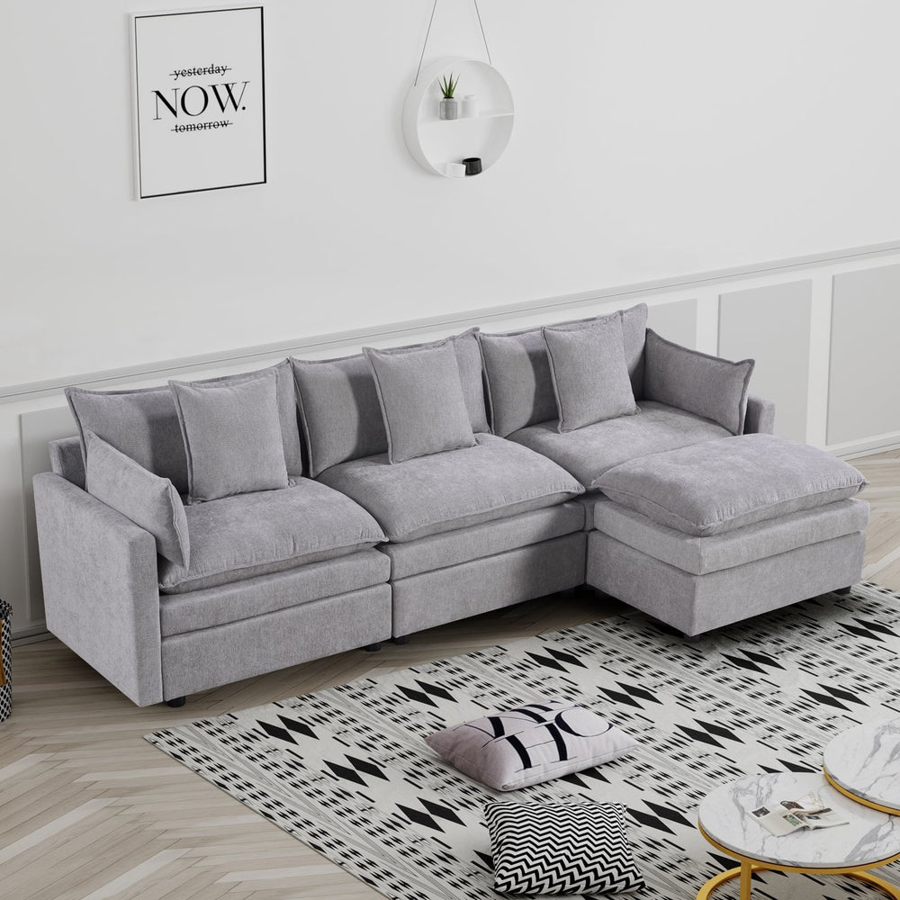 English Elm 108.66"Modern Chenille L-Shaped Sectional Sofa with Convertible Chaise, Solid Wood Frame, Plush Foam Comfort and Ottoman Set for Spacious Living Room Light Gray W1036S00055