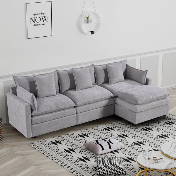 English Elm 108.66"Modern Chenille L-Shaped Sectional Sofa with Convertible Chaise, Solid Wood Frame, Plush Foam Comfort and Ottoman Set for Spacious Living Room Light Gray W1036S00055