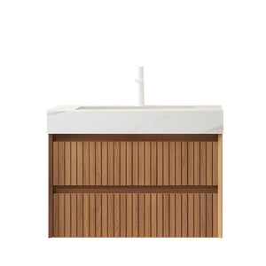 English Elm Tilley 30" Wall-Mounted Bathroom Vanity With Calacatta Gold Top, Soft-Close Drawers, Brown Oak Finish W2615S00314-GIGA