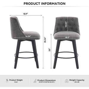 English Elm 007-360° Swivel Bar Stools Set of 2 25" Counter Height Linen Tufted Back Solid Wood Frame Durable Upholstery Dark Gray W2636P242117
