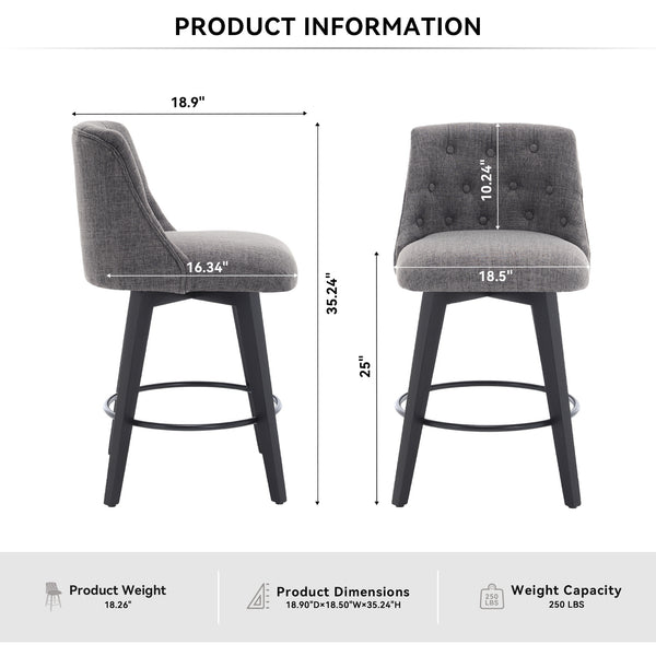English Elm 007-360° Swivel Bar Stools Set of 2 25" Counter Height Linen Tufted Back Solid Wood Frame Durable Upholstery Dark Gray W2636P242117