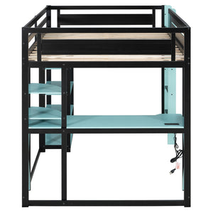 English Elm Full Size Loft Bed with Rgb Lighting Chevron Desk Usb Charging Ports and Storage Shelves Black+Blue LT000286AAC