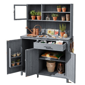 English Elm (with Hutch) Topamx Solid Fir Potting Bench Patio Workstation Spice Rack Drawer Gray N717P404330E