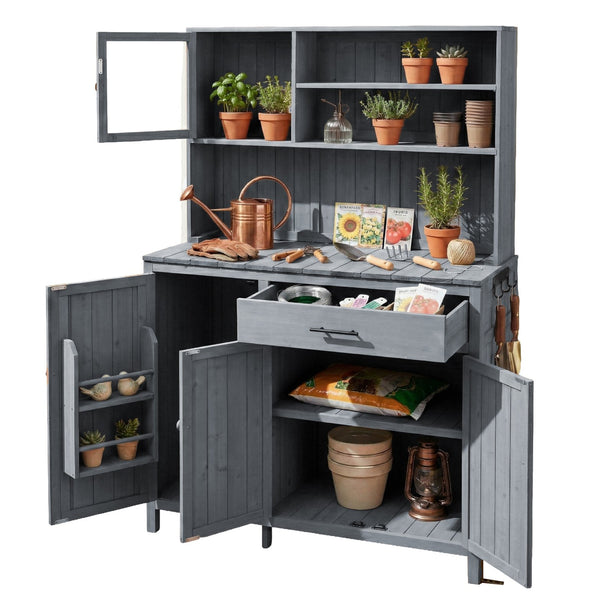 English Elm (with Hutch) Topamx Solid Fir Potting Bench Patio Workstation Spice Rack Drawer Gray N717P404330E