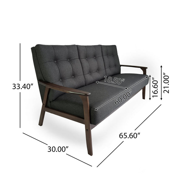 English Elm Christopher Knight Home® - Athena Charcoal Grey Mid-Century 3-Seater Waffle Stitch Tufted Sofa with Rubberwood Legs, 66" 65344.00BLK