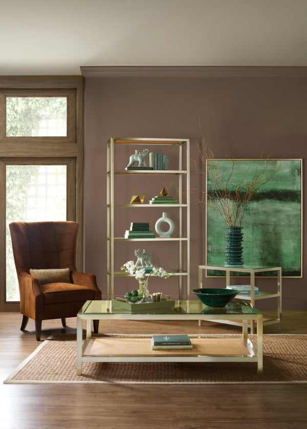 Hooker Furniture Melange Polished Steel & Cane Cocktail Table With Tempered Glass Top, Lower Cane Shelf, Transitional Style 628-80560-15