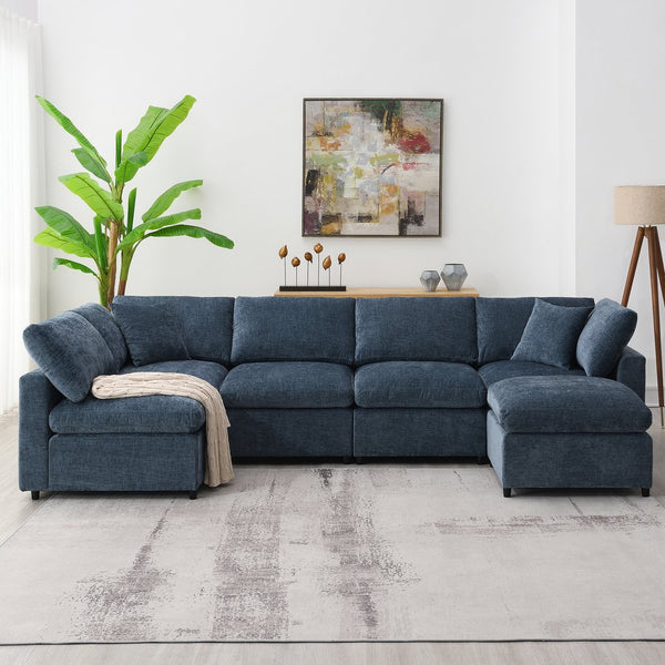 English Elm [video Modular Cloud Sectional Sofa Chenille Six Seat Sleeper with Ottoman for Living Room Dark Blue N723S9583K