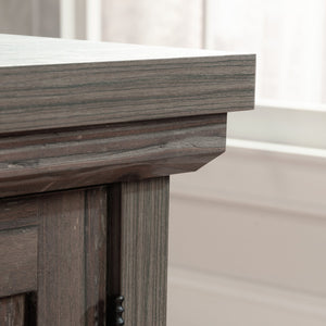 English Elm File Credenza Brown Finish with Adjustable Shelf, Durable Engineered Wood, Black Metal Accents, Spacious Storage B356P367839