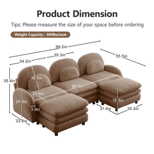English Elm Teddy Fleece Modular Cloud Sofa Plush Three Seat Sectional with Movable Ottomans Camel W5656S00106