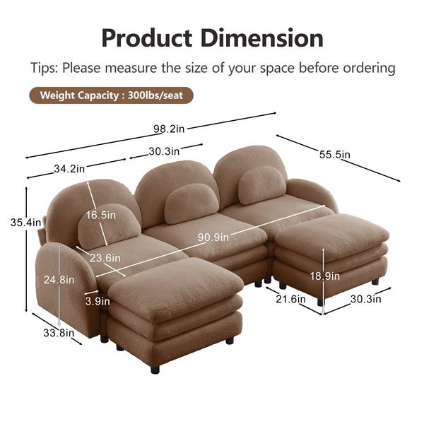 English Elm Teddy Fleece Modular Cloud Sofa Plush Three Seat Sectional with Movable Ottomans Camel W5656S00106