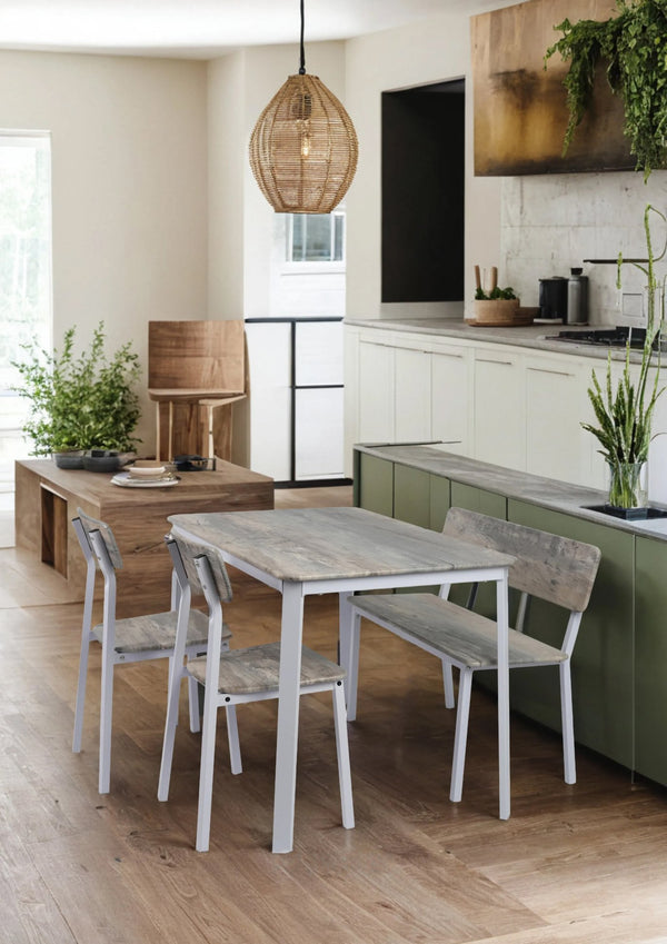 English Elm Modem Modern 4-Piece Dining Table Set with Upholstered Chairs & Bench, Space-Saving MDF Metal Design Grey+White W515P247207