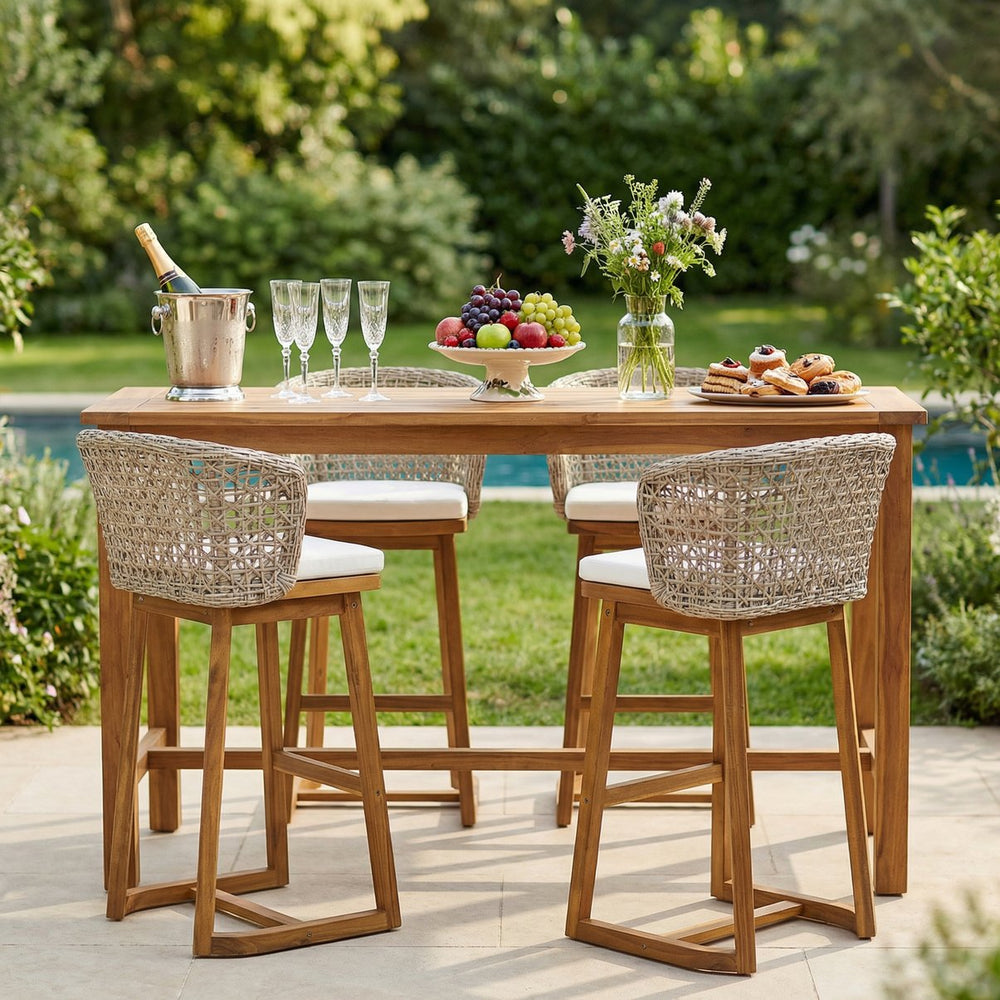 English Elm Outdoor Acacia Wood Barstools Set of 4 Wicker Back Teak Finish Patio Seating N773OB00134B