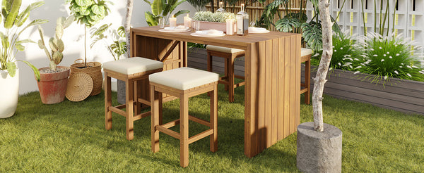 English Elm 5 Piece Outdoor Bar Set Acacia Wood Table & 4 Cushioned Stools, Removable Beige Cushions, Durable N704G201252A