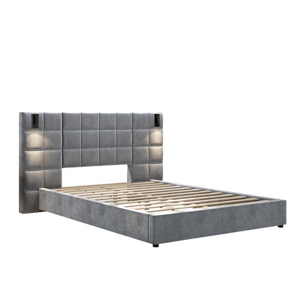English Elm Queen Velvet Platform Bed Wide Headboard Built in Sconces Usb Ports Modern Bedroom N757Q200046G-1