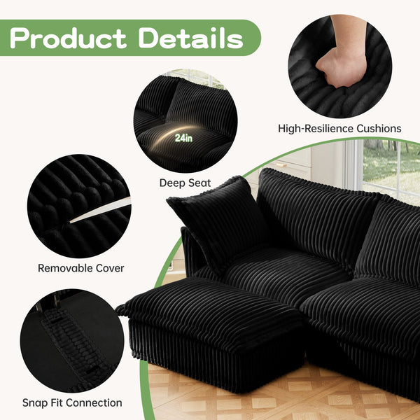 English Elm L-Shaped Slipcovered Sectional Sofa - Modern Black Corduroy Couch With Convertible Ottoman & Pillows W3041S00097