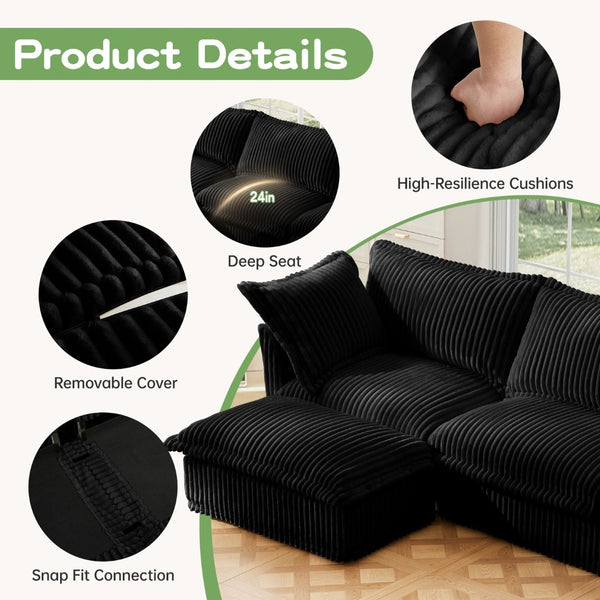 English Elm Slipcovered 3-Seater Sofa - Luxurious Black Corduroy Couch With Removable Covers & Plush Comfort W3041S00096-GIGA
