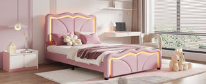 English Elm Twin Upholstered Platform Bed with Curved Headboard, Adjustable Heights, Sturdy Pine Frame, LED Accent Lights Pink WF323748AAH