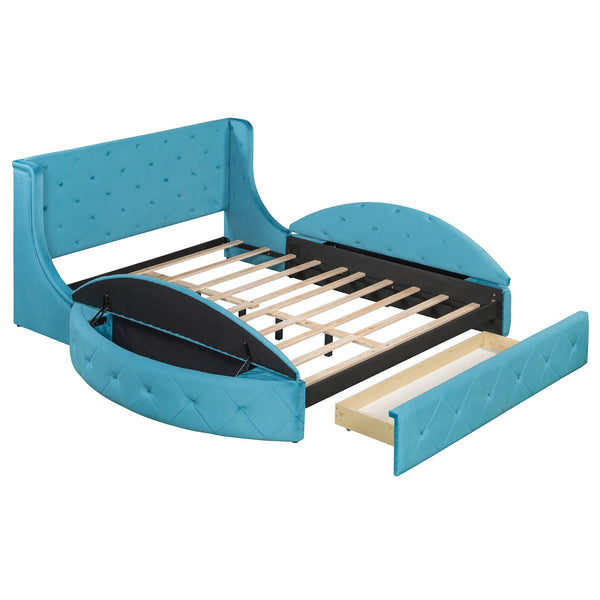 English Elm Upholstered Queen Platform Bed Velvet Wingback Storage Drawer with Side Stools LP100815AAC