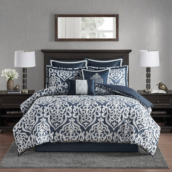 English Elm 8 Piece Jacquard Comforter Set In Navy & Silver - Luxurious Hotel-Style Bedding For King Beds B035128893