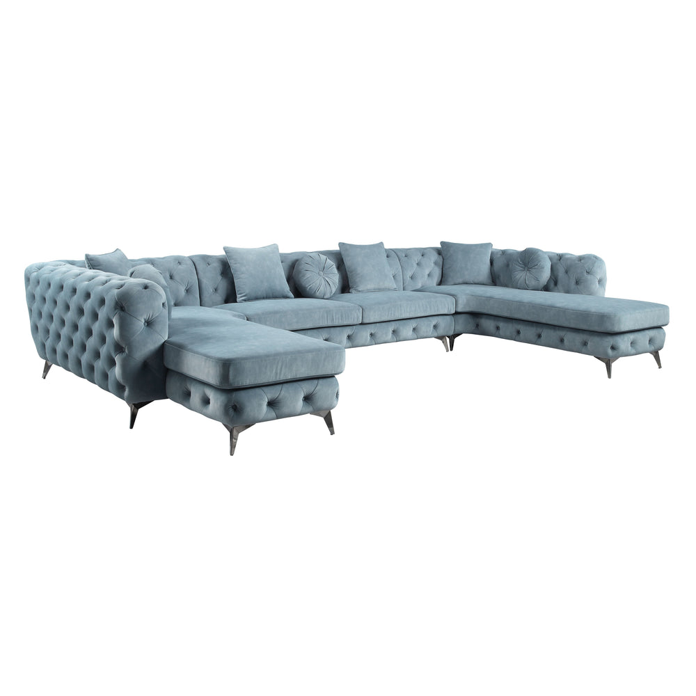 English Elm Zerah Dusty Blue Fabric Sectional Sofa with 7 Accent Pillows, Button Tufted, Pocket Coil Comfort B2726S00354