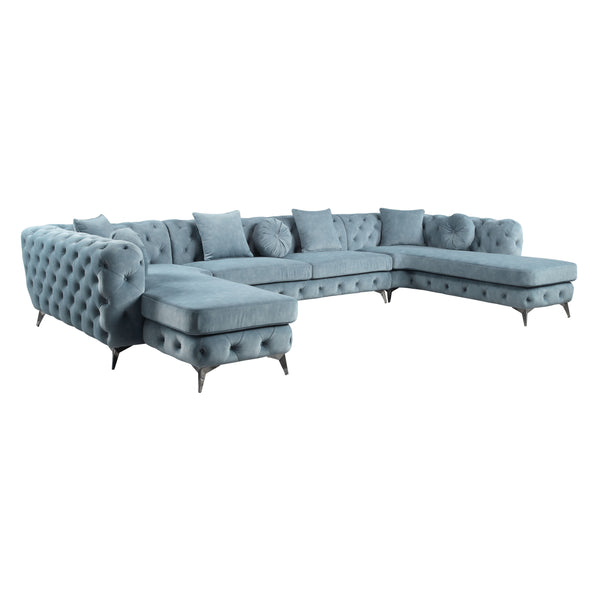 English Elm Zerah Dusty Blue Fabric Sectional Sofa with 7 Accent Pillows, Button Tufted, Pocket Coil Comfort B2726S00354