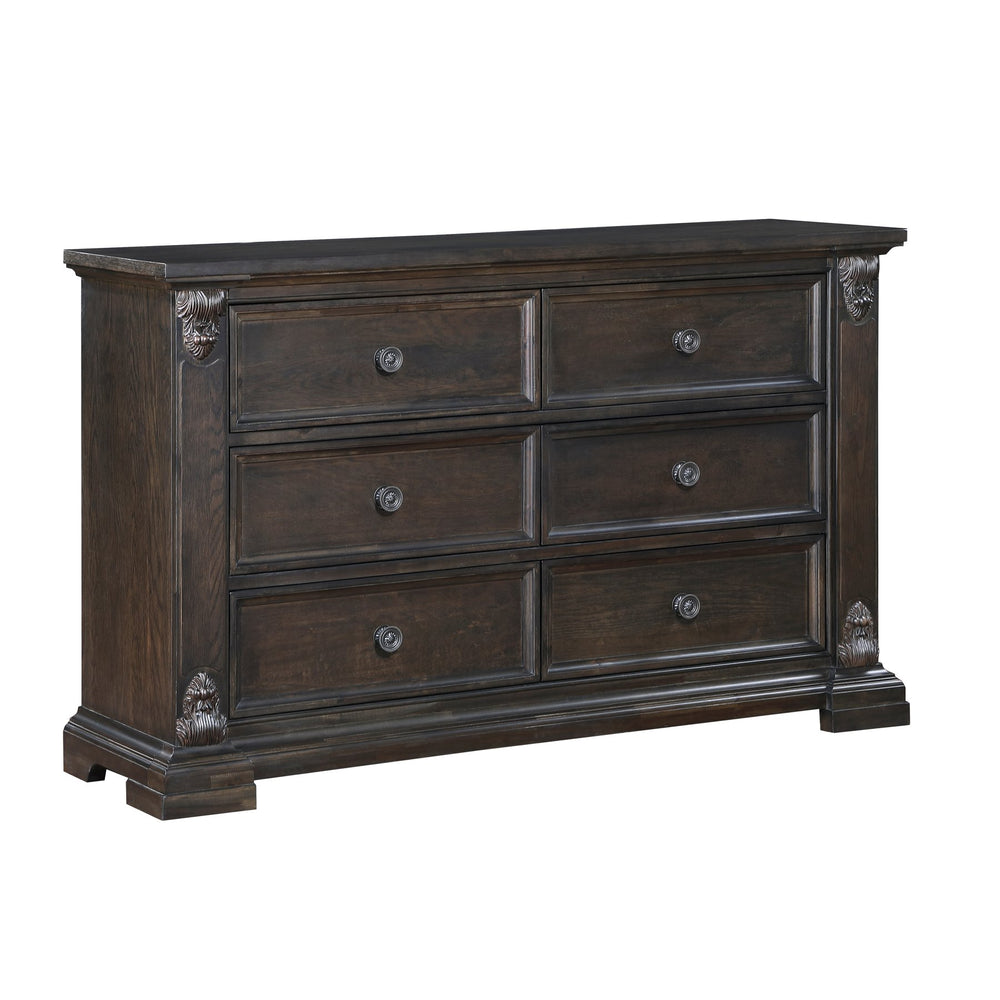 English Elm Elegant Six Drawer Oak Veneer Dresser with Corbel Pilasters for Classic Bedrooms B011P224820