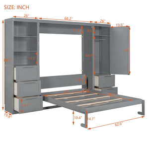 English Elm Queen Murphy Wall Bed with Wardrobe Drawers and Shelves for Studio or Guest Room Gray LP000865AAE-1