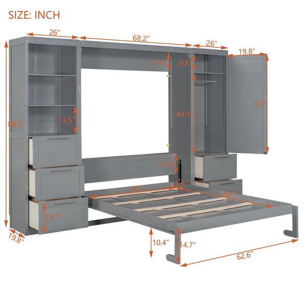 English Elm Queen Murphy Wall Bed with Wardrobe Drawers and Shelves for Studio or Guest Room Gray LP000865AAE-1