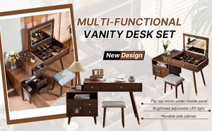 English Elm 3-in-1 Vanity Desk with LED Flip Mirror, Compact Makeup/Dressing Table with Storage Drawers & Stool Walnut N844P291656W