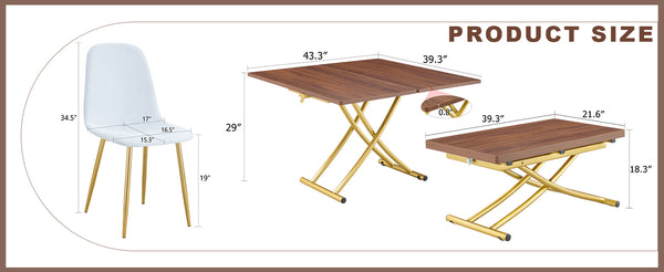 English Elm Table and Chair Set Adjustable Height Mdf Wood Grain Top with Four Linen Dining Chairs Golden+White W1151S03784