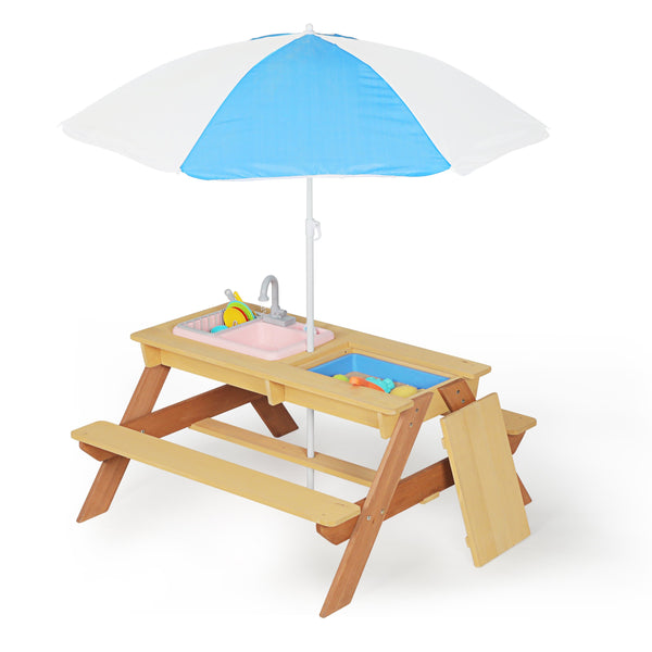 English Elm Wooden Cedar Kids Activity Table with Shade Umbrella for Backyard Sand and Water Play W2640P454242