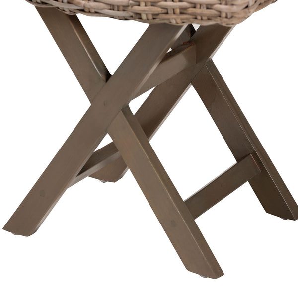 English Elm Bohemian Handwoven Kubu Rattan Footstool with Solid Mahogany Frame Artisan Accent B2750P420408