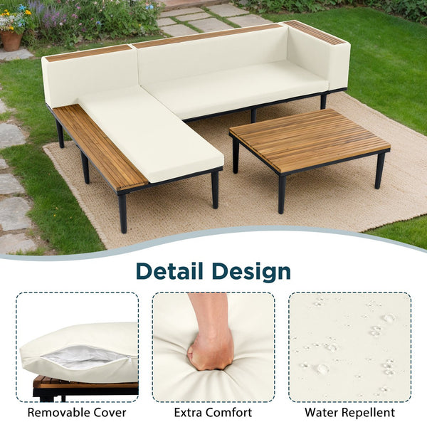 English Elm <old Sku Acacia Wood Outdoor Sectional Sofa with Chaise Coffee and Side Table Included Beige N704F201251A