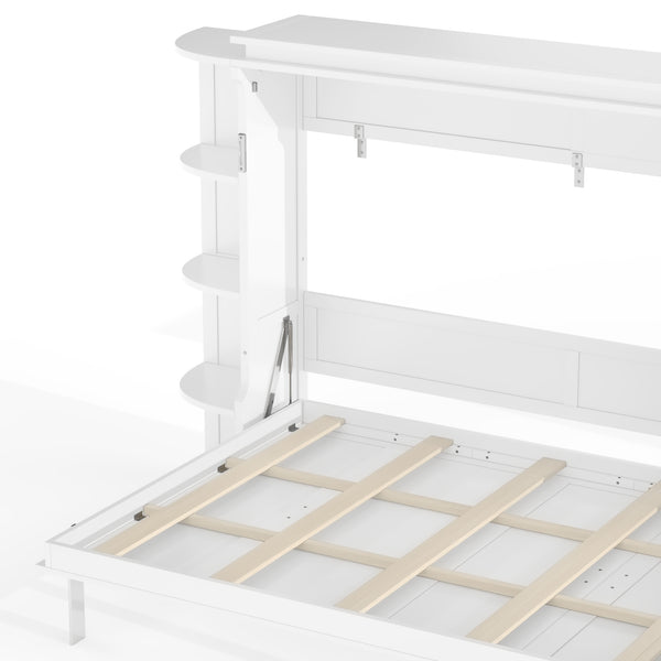 English Elm Queen Murphy Wall Bed with Side Cabinets Open Shelving and Drawers for Studio Rooms White W1580S00452