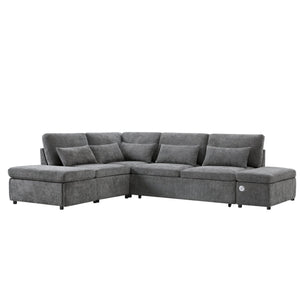 English Elm [video]107'' Chenille Sleeper Sectional with Usb Charging Storage Ottoman and Adjustable Armrest Gray N723S8782E