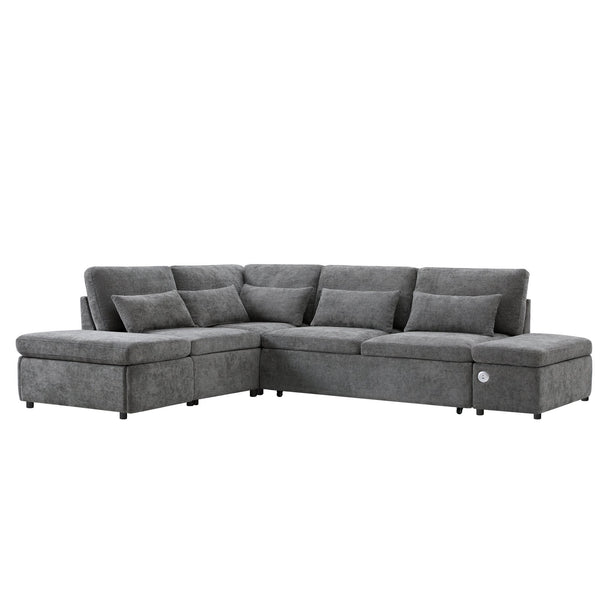 English Elm [video]107'' Chenille Sleeper Sectional with Usb Charging Storage Ottoman and Adjustable Armrest Gray N723S8782E