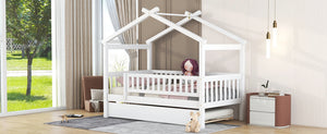 English Elm Twin House Bed with Trundle Solid Pine Frame Walnut Kids Bedroom Sleepover N708P357115K