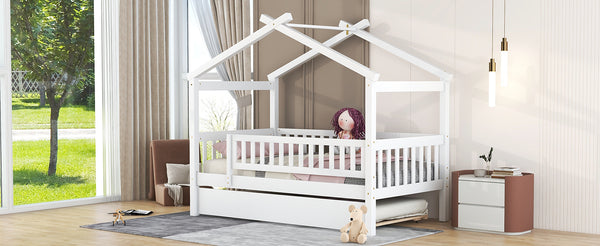 English Elm Twin House Bed with Trundle Solid Pine Frame Walnut Kids Bedroom Sleepover N708P357115K