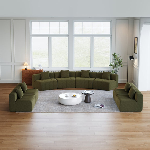 English Elm Four Curved Chenille Modular Sectional Sofa with Piano Key Seating and Eight Pillows Green W834S00590