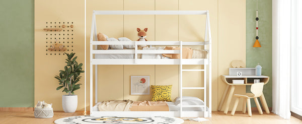 English Elm Twin Rubber Wood Floor Bunk Bed House-Shaped Design with Ladder Guardrails Sturdy Low-Profile Retreat White W504P206864