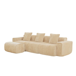 English Elm Streamlined Velvet L-shaped Sectional Sofa with Ottoman and Cloud Cushion Living Room Light Camel W3041S00352