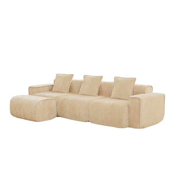 English Elm Streamlined Velvet L-shaped Sectional Sofa with Ottoman and Cloud Cushion Living Room Light Camel W3041S00352