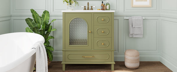 English Elm 30" Freestanding Bathroom Vanity Solid Wood Cabinet Ceramic Basin 3 Drawer Storage Green W1580P382512