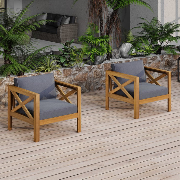 English Elm Christopher Knight Home® - Patio Conversation Set - Elegant Acacia Wood Chairs & Teak-Finish Side Table With Cushions, Outdoor Comfort N770P264304G_N770P313252L